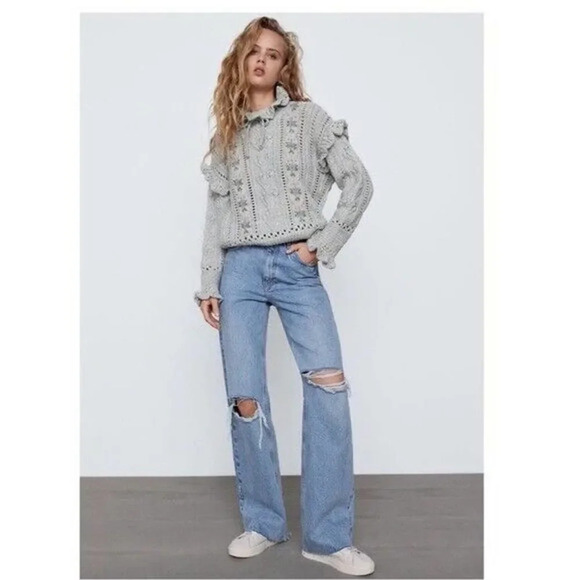 Zara Oversized Grey Pink Embroidered Ruffle Sweater - Picture 6 of 9